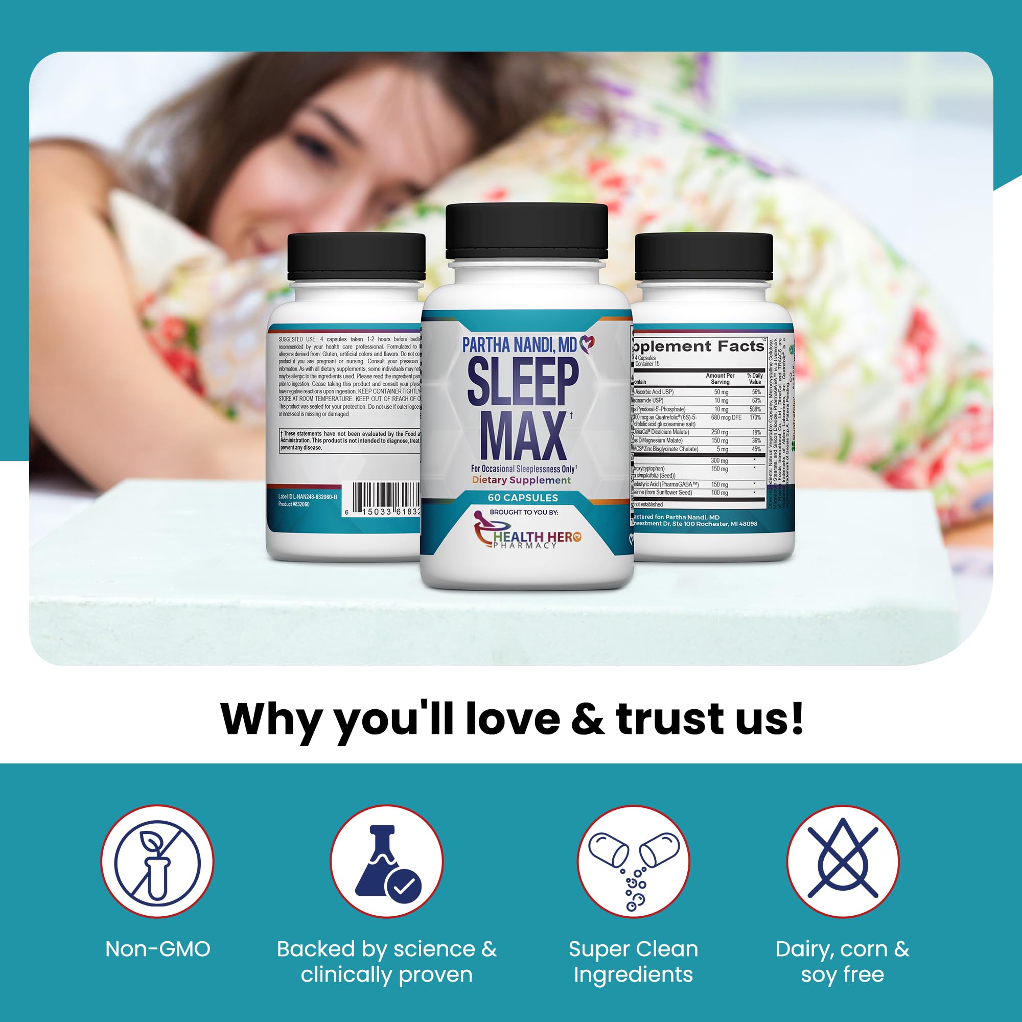 Sleep Max label detail highlights vegan, non-GMO formulation