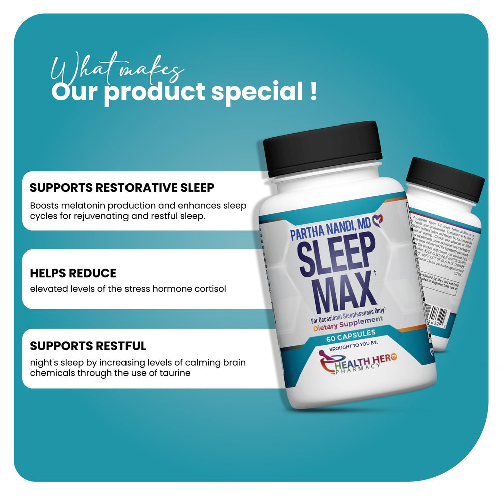 Sleep Max taurine and 5-HTP focus on balanced neurotransmitter support