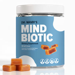 Partha Nandi MindBiotic bottle front with caramel cinnamon chews for brain-gut balance