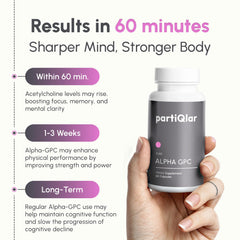 PartiQlar Alpha GPC bottle with water for easy ingestion.