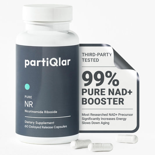 partiQlar NR bottle front with 60 capsules for daily energy support