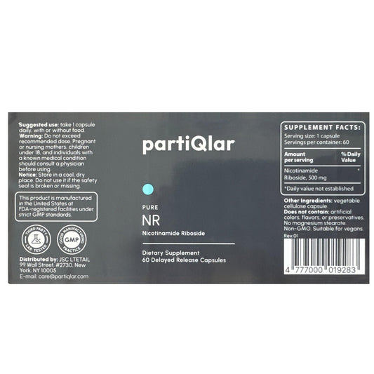 partiQlar NR bottle side showing 500 mg dosage per capsule for NAD+ support