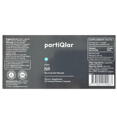 partiQlar NR bottle side showing 500 mg dosage per capsule for NAD+ support