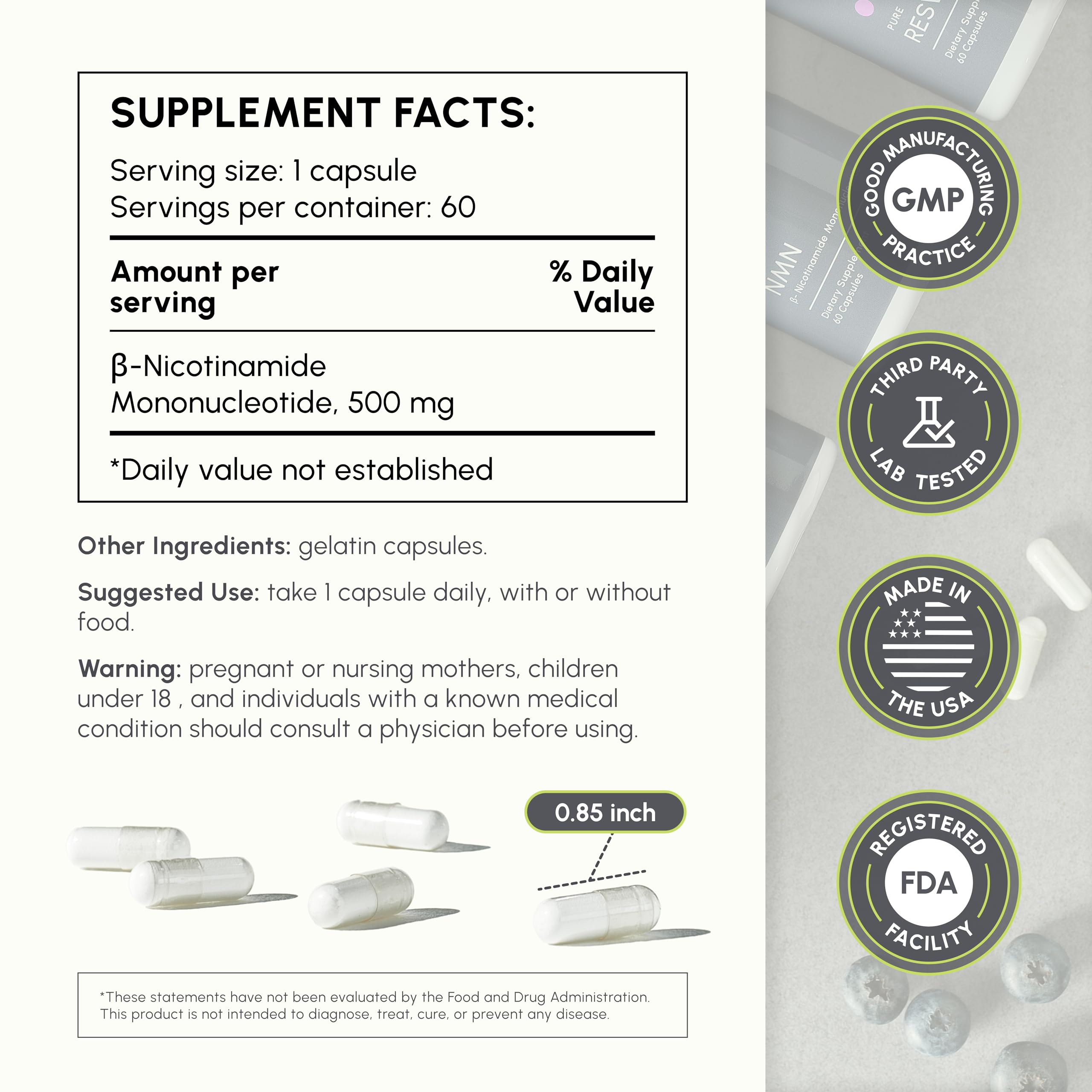 partiQlar NMN capsules close-up showing 60 servings and convenience