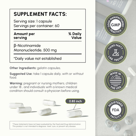 partiQlar NMN capsules close-up showing 60 servings and convenience