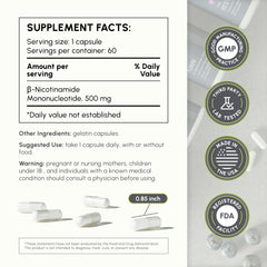 partiQlar NMN capsules close-up showing 60 servings and convenience