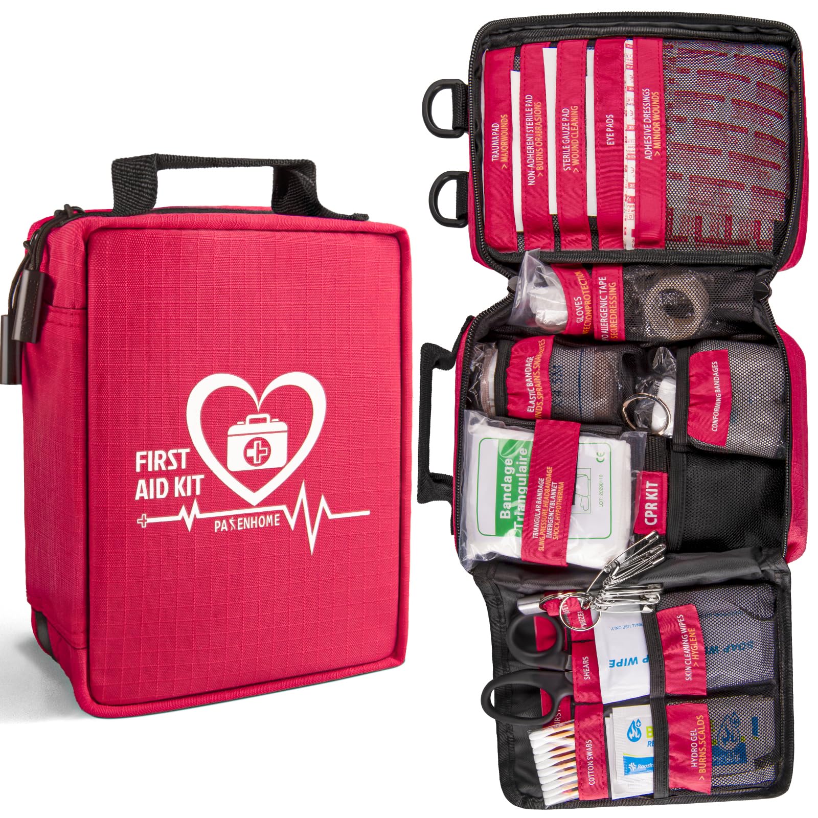 Pasenhome first aid kit labeled compartments for quick access during home emergencies.