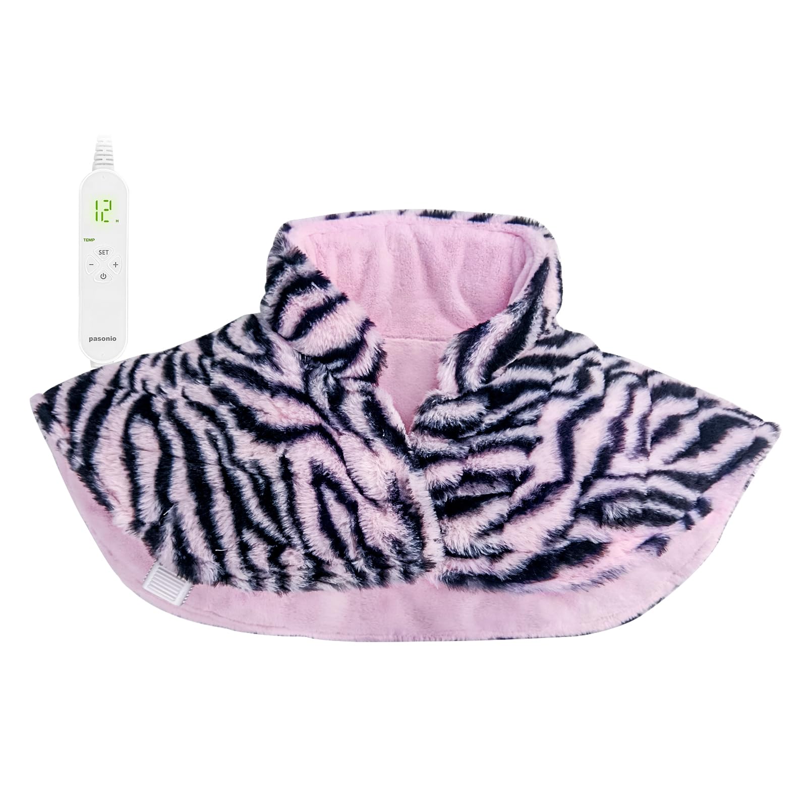Pasonio weighted heating pad on neck and shoulders delivering targeted warmth.