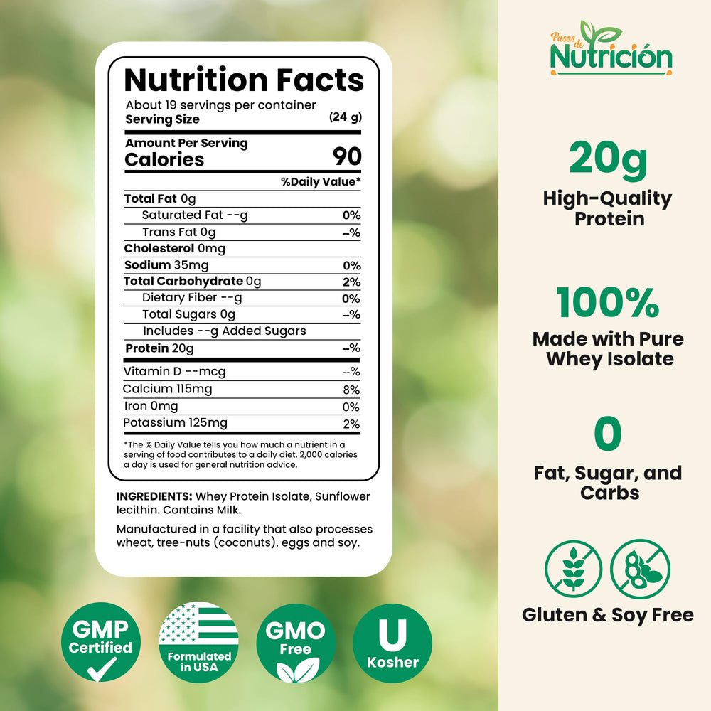 PASOS DE NUTRICION Whey Isolate shake being prepared for a zero sugar, low carb option.