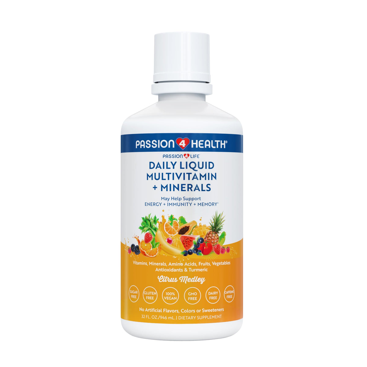 Passion 4 Life Mega Liquid Multivitamin bottle for daily nutrition on the go.
