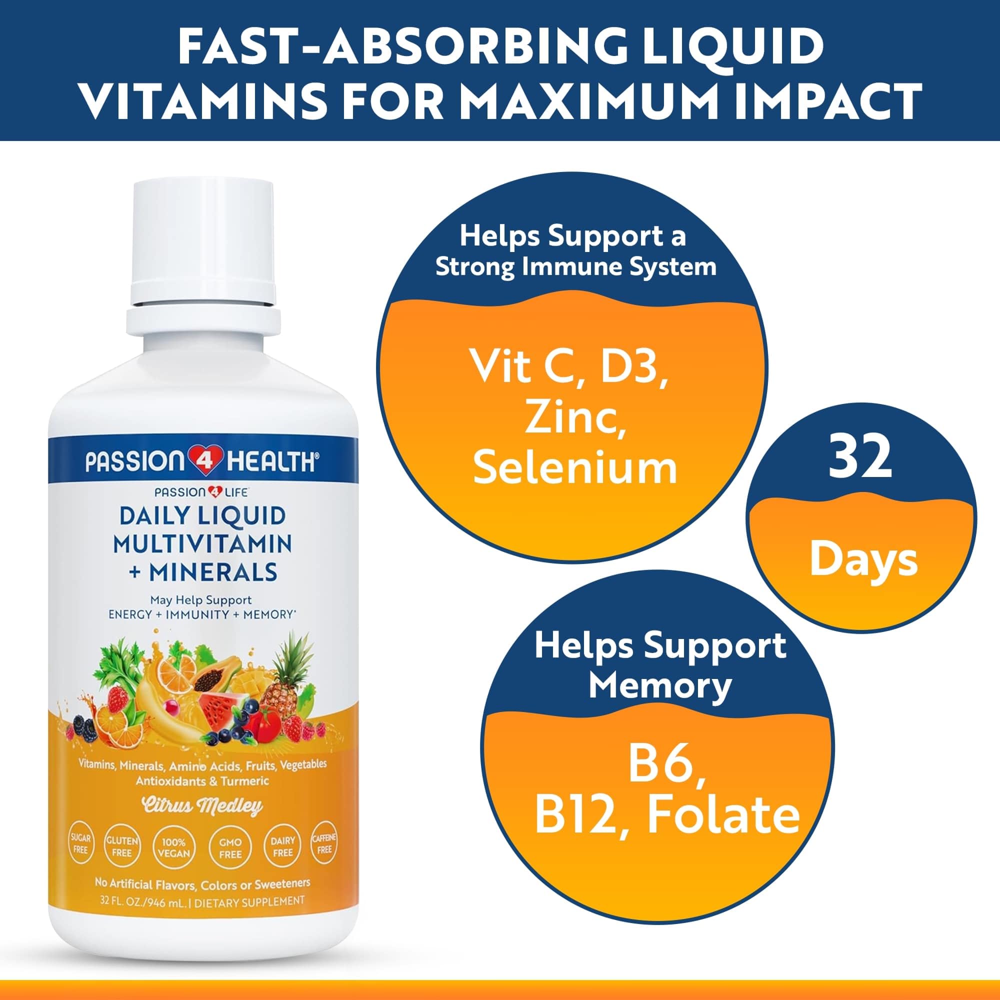 Pourable Passion 4 Life multivitamin demonstrates easy dosing and swallow.