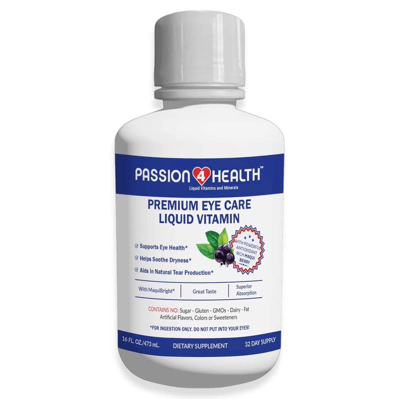 Passion 4 Life liquid eye vitamins bottle showing MaquiBright for eye support