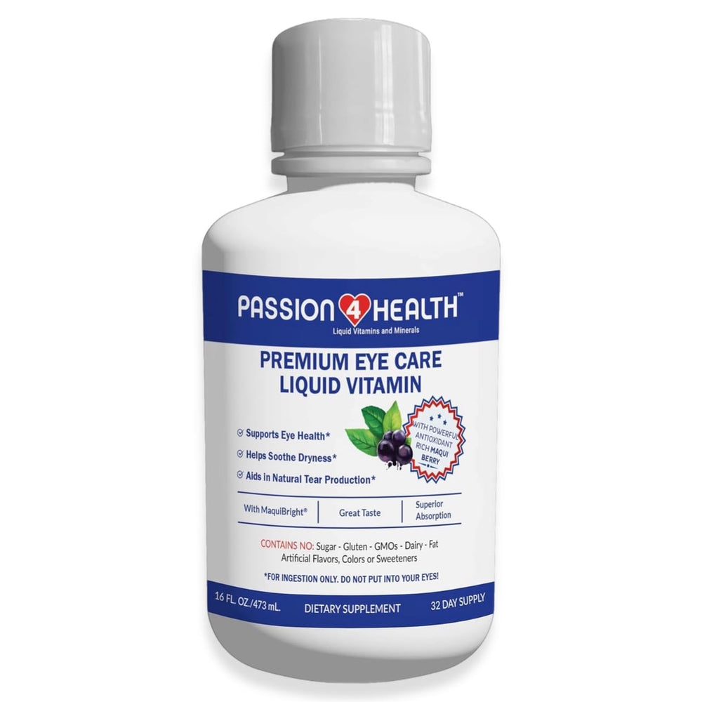 Passion 4 Life liquid eye vitamins bottle showing MaquiBright for eye support
