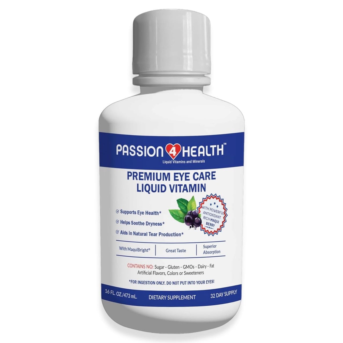 Passion 4 Life liquid eye vitamins bottle showing MaquiBright for eye support