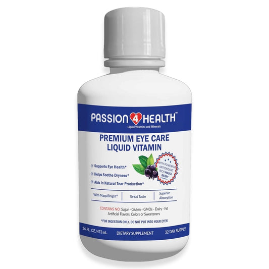 Passion 4 Life liquid eye vitamins bottle showing MaquiBright for eye support