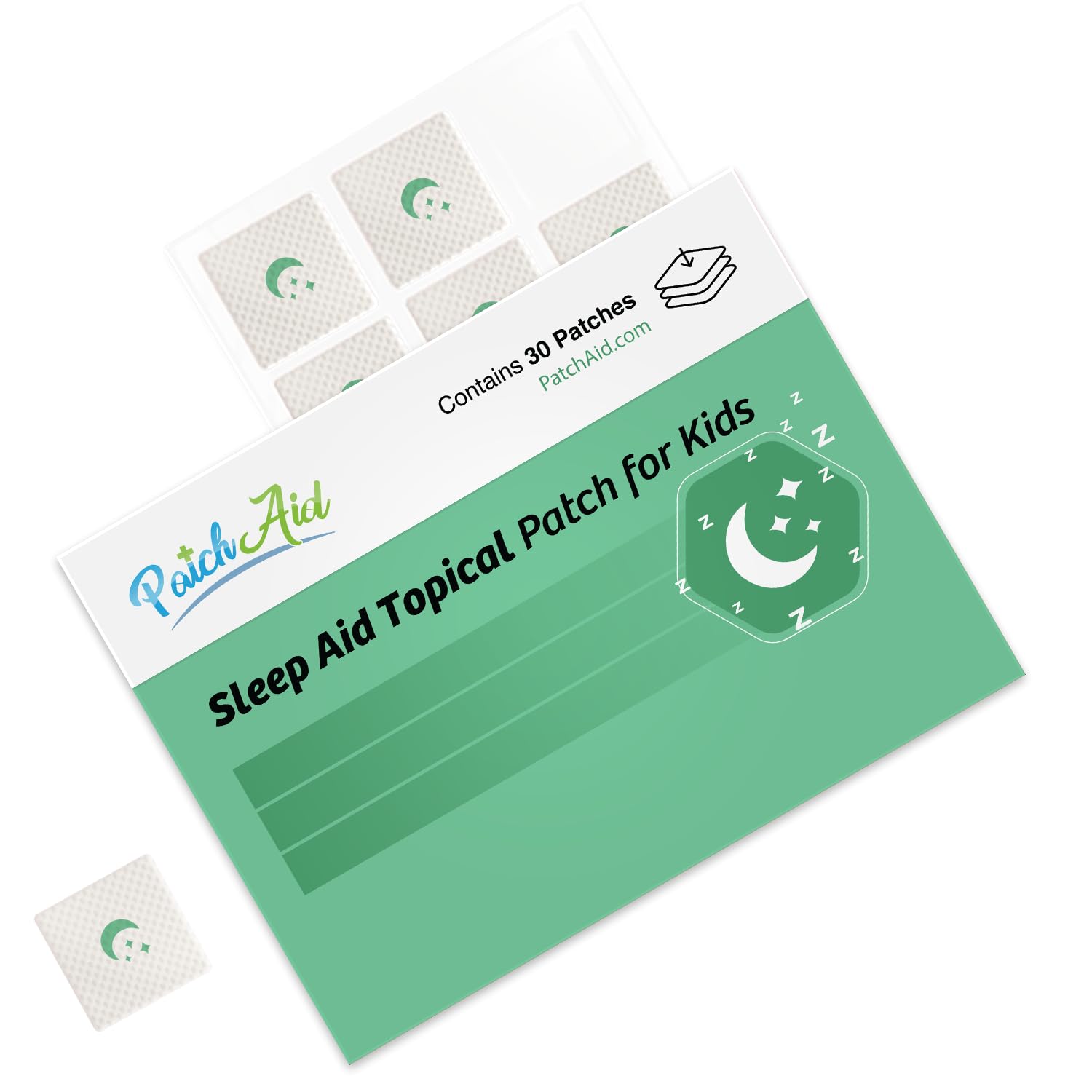 PatchAid Sleep Patch packaging showing a 30-day supply for kids, easy to use.