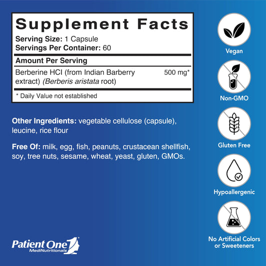 Patient One Berberine capsules closeup shows 500 mg dosage for daily use.