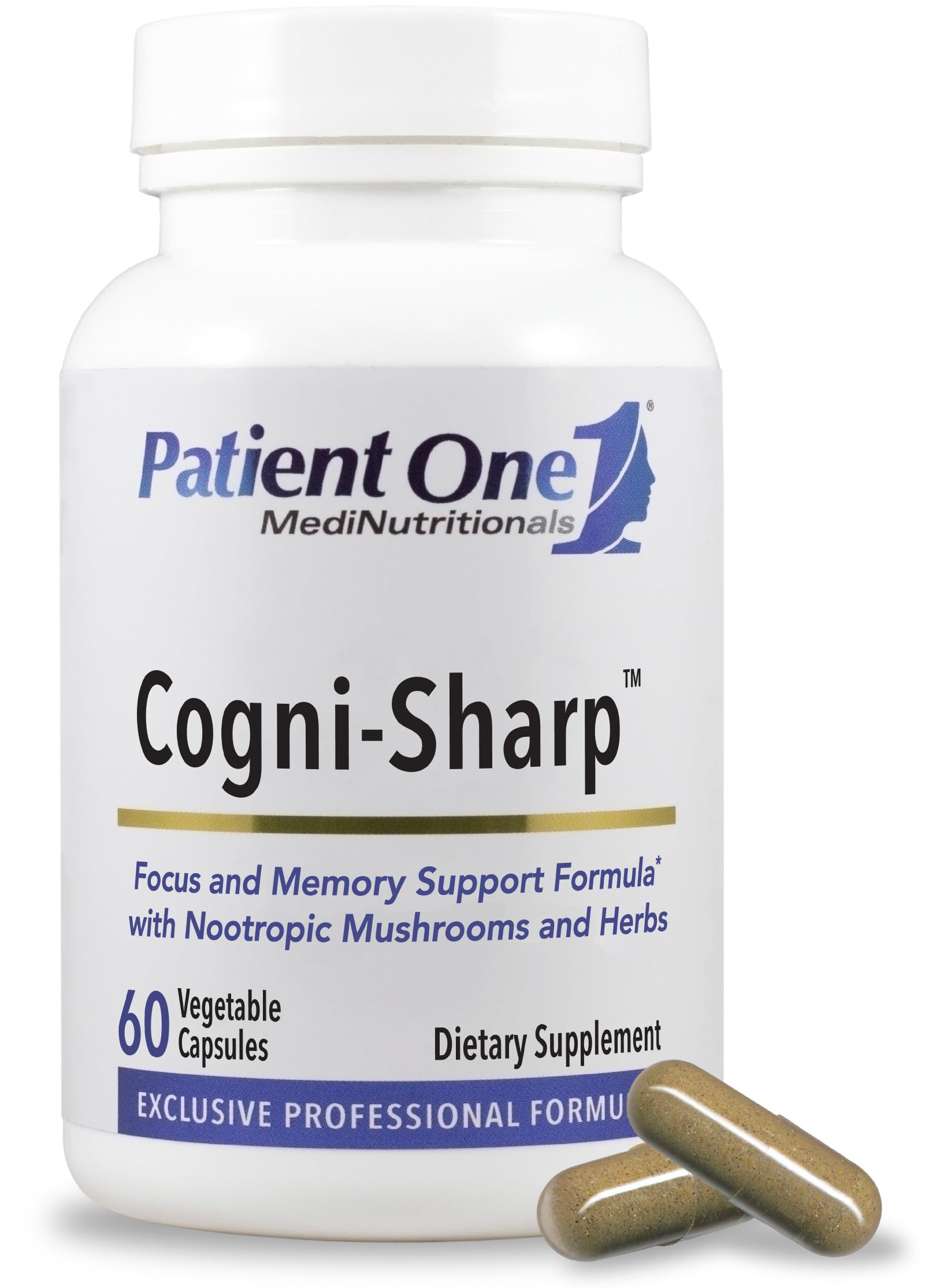Patient One Cogni-Sharp bottle on desk suggests daily focus and mental clarity