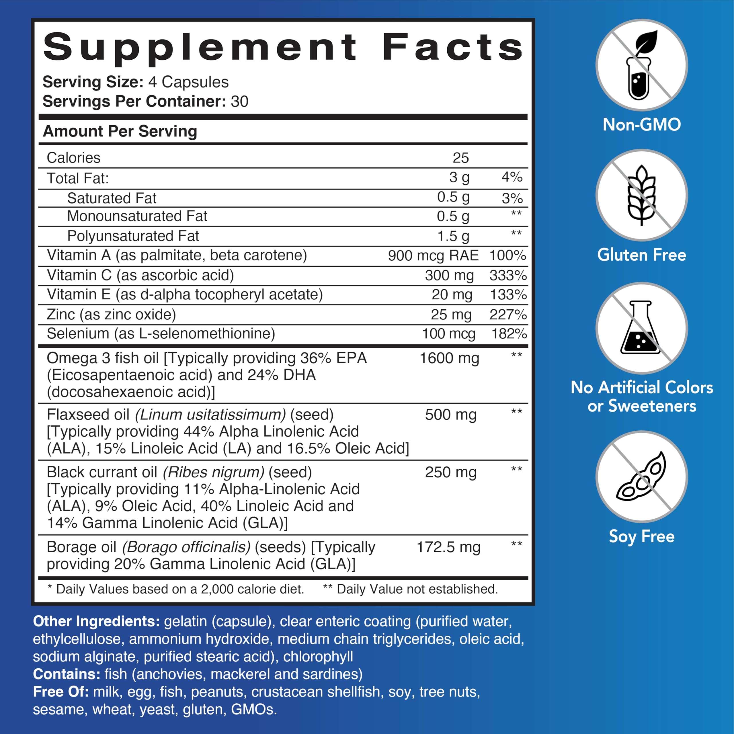 Patient One Dry Eye Care capsules closeup highlighting omega-3 and GLA blend.