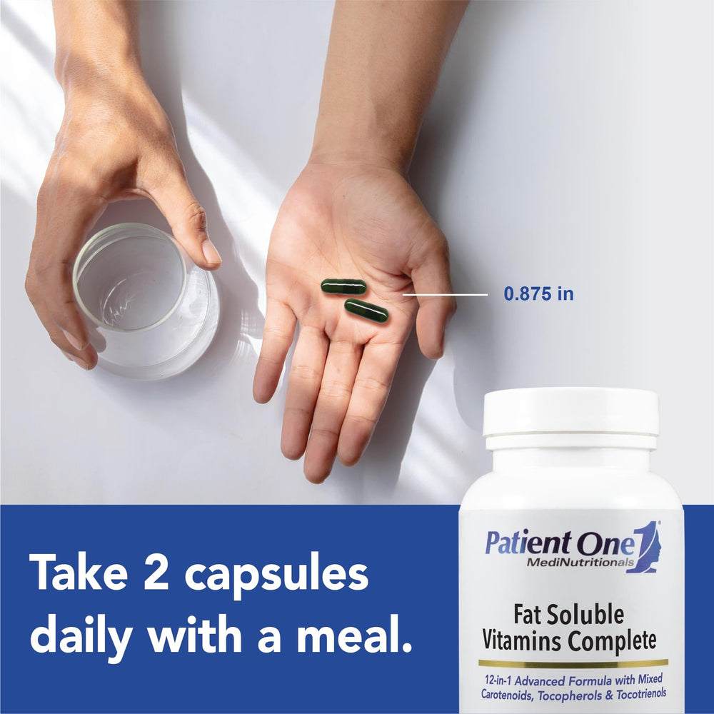 Patient One Fat Soluble Vitamins Complete bottle dispensing demonstrates easy daily routine.