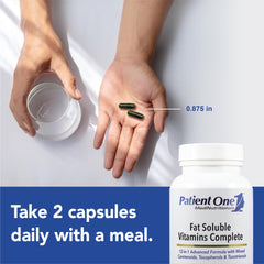 Patient One Fat Soluble Vitamins Complete bottle dispensing demonstrates easy daily routine.