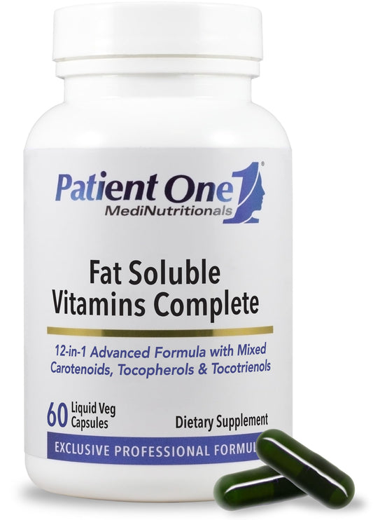 Patient One Fat Soluble Vitamins Complete bottle front supports overall wellness.