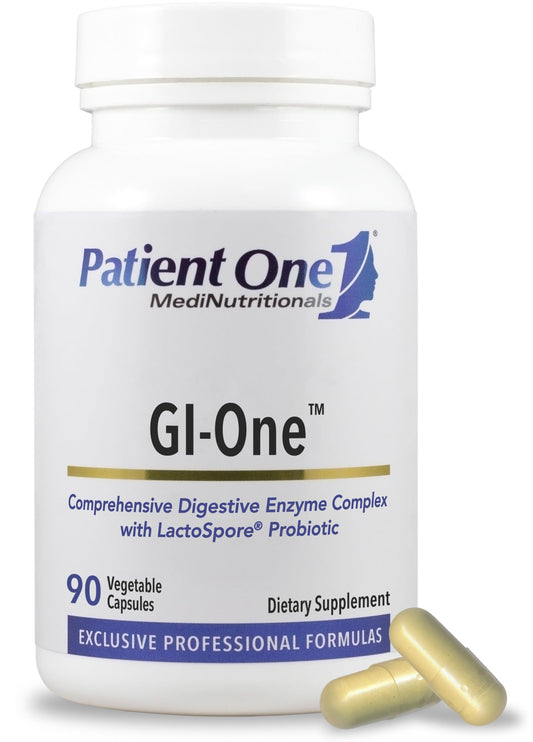 Patient One GI-One bottle front for digestive support in daily routines.