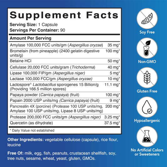 Patient One GI-One bottle label details broad digestive enzyme complex.