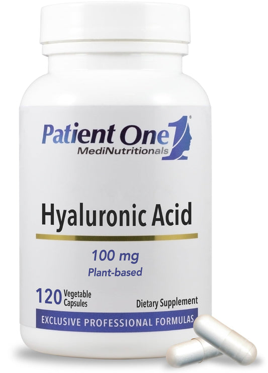 Patient One Hyaluronic Acid bottle close-up highlighting hydration support for skin