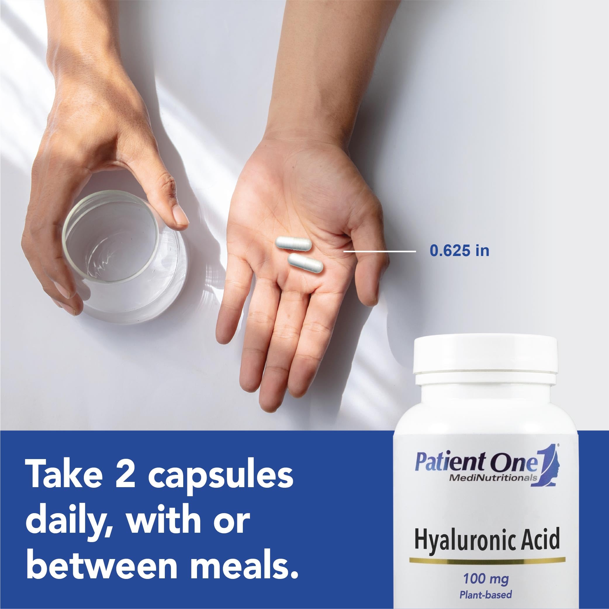 Patient One Hyaluronic Acid label front showcases clean, vegetarian formulation