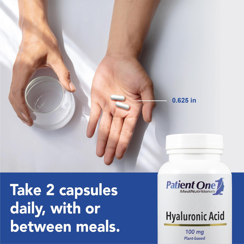 Patient One Hyaluronic Acid label front showcases clean, vegetarian formulation