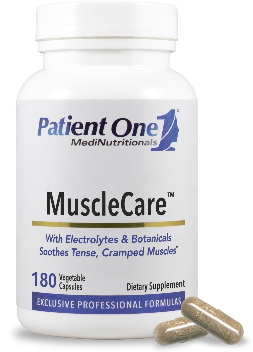 Patient One MuscleCare bottle front shows packaging designed for muscle relaxation support.