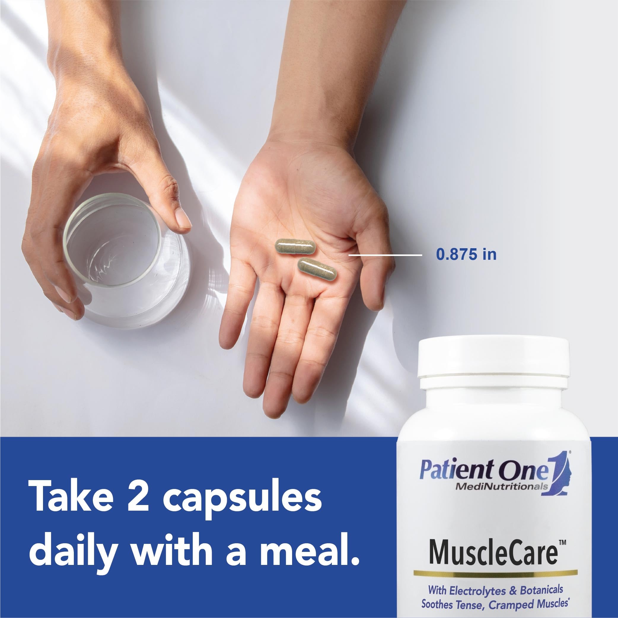 Patient One MuscleCare capsules closeup highlights convenient evening support.