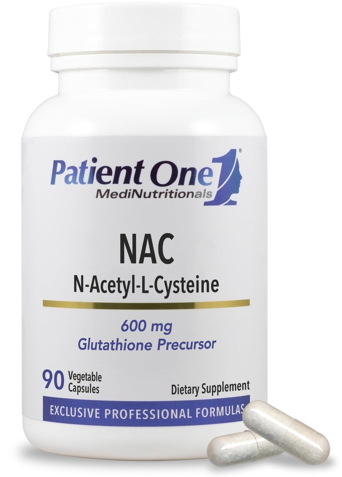 Patient One NAC 600mg bottle front shows capsules for potential immune and respiratory support.