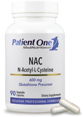 Patient One NAC 600mg bottle front shows capsules for potential immune and respiratory support.