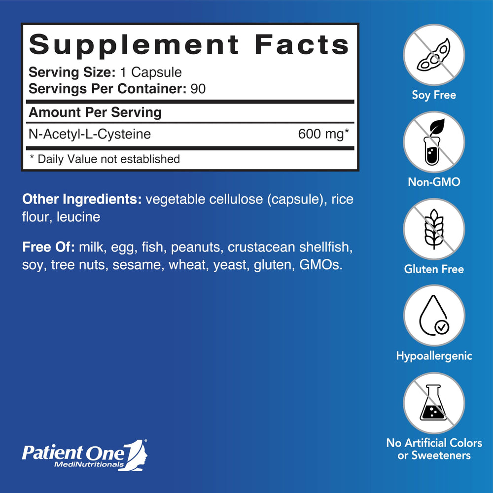 Patient One NAC 600mg label closeup highlights purity and antioxidant support.