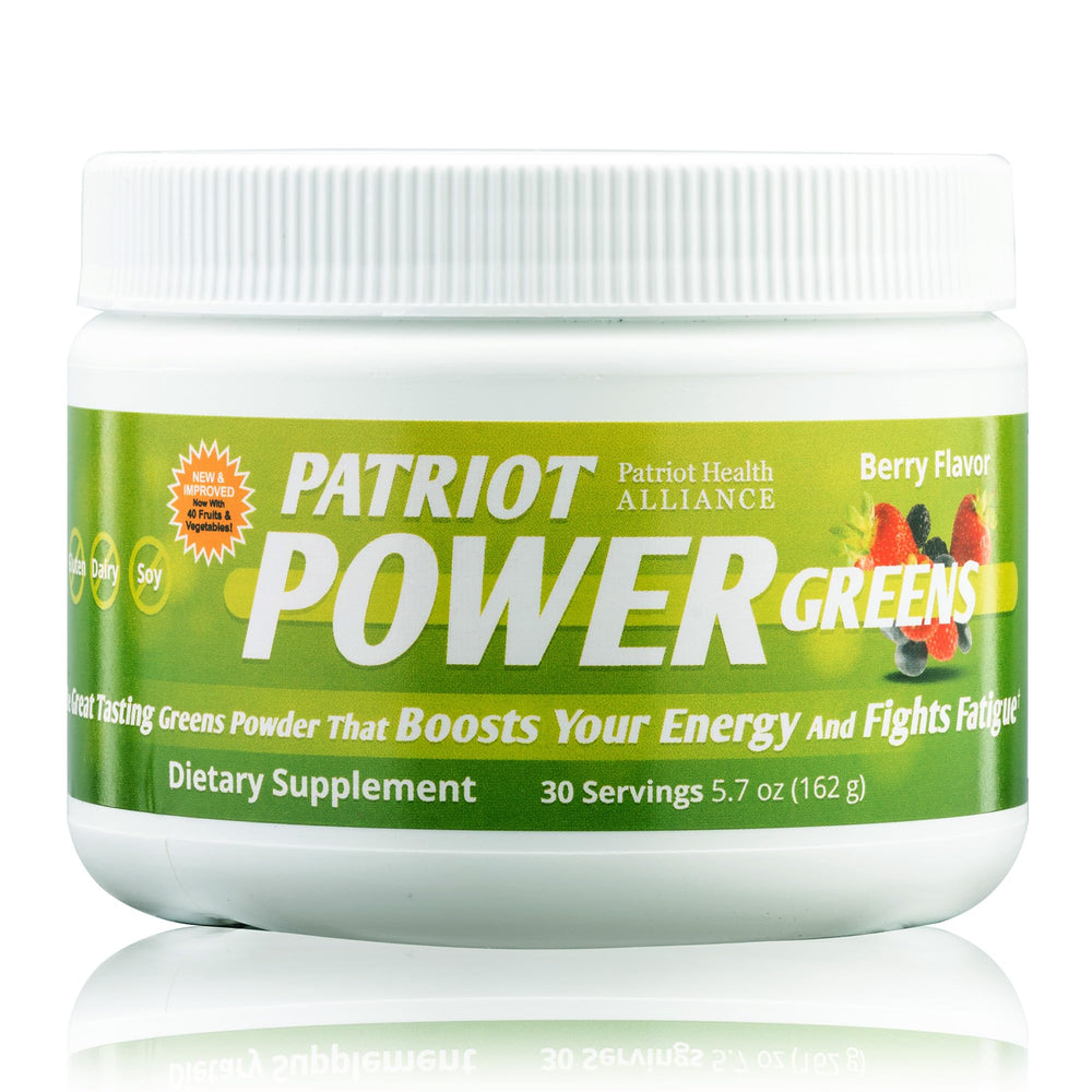 PATRIOT POWER GREENS bottle front showing energy-boosting organic greens blend.