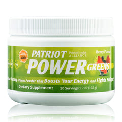 PATRIOT POWER GREENS bottle front showing energy-boosting organic greens blend.