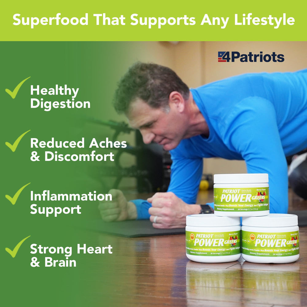 PATRIOT POWER GREENS bottle label close-up highlighting vitamins and minerals.