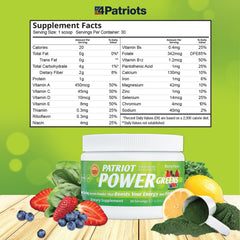PATRIOT POWER GREENS probiotic and enzyme blend close-up for gut support.
