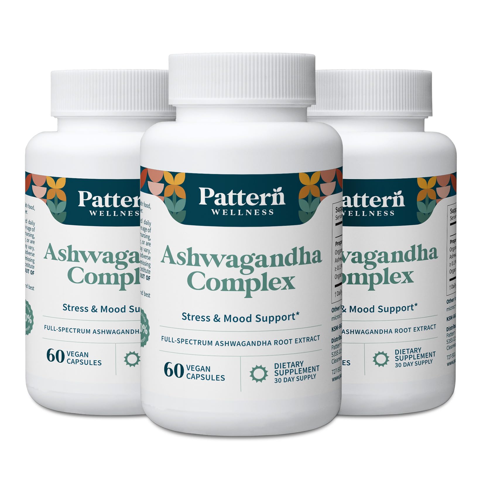 Pattern Wellness Ashwagandha Complex bottle front for stress support and balance.