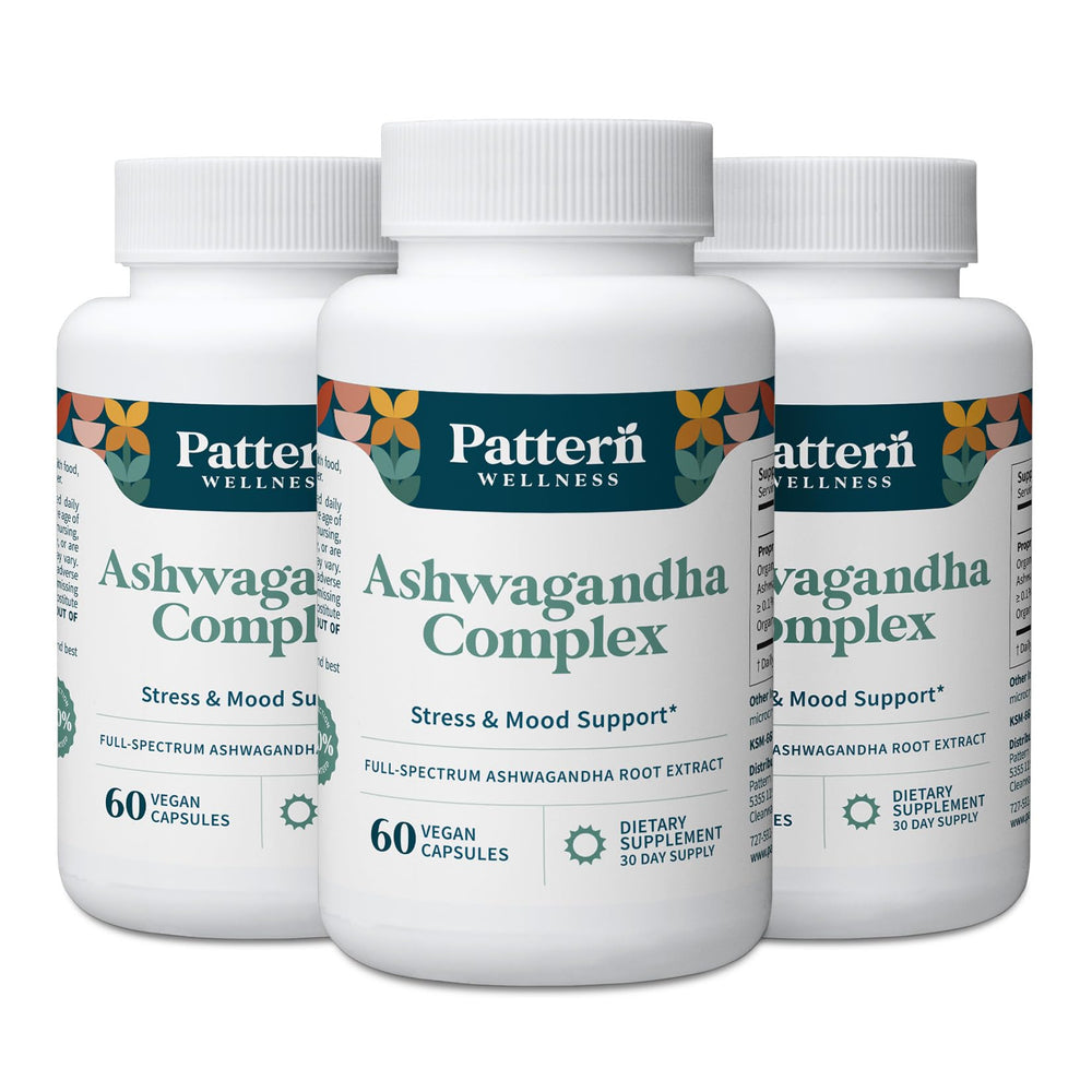 Pattern Wellness Ashwagandha Complex bottle front for stress support and balance.