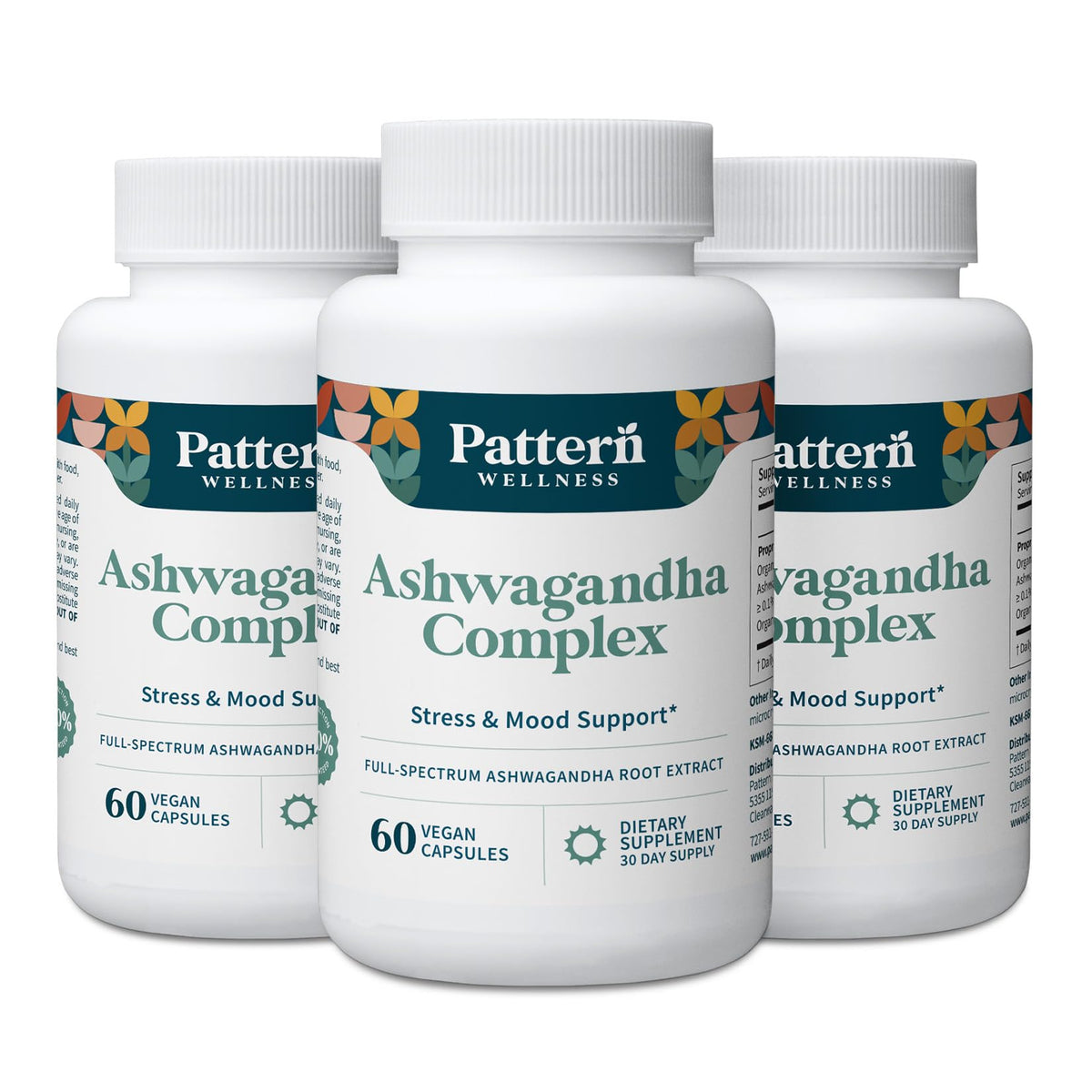 Pattern Wellness Ashwagandha Complex bottle front for stress support and balance.