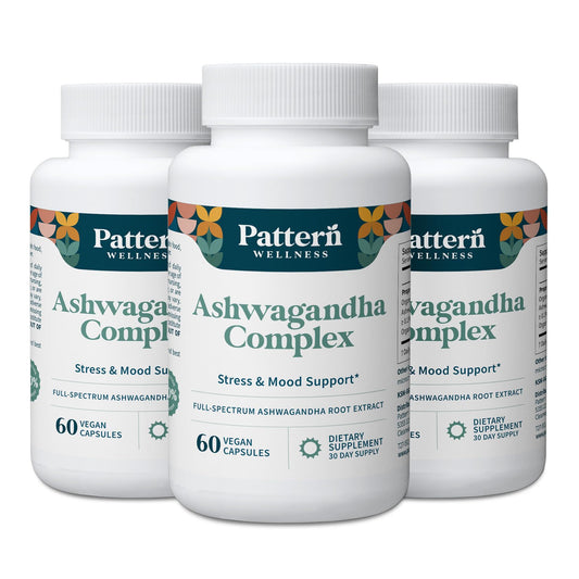 Pattern Wellness Ashwagandha Complex bottle front for stress support and balance.
