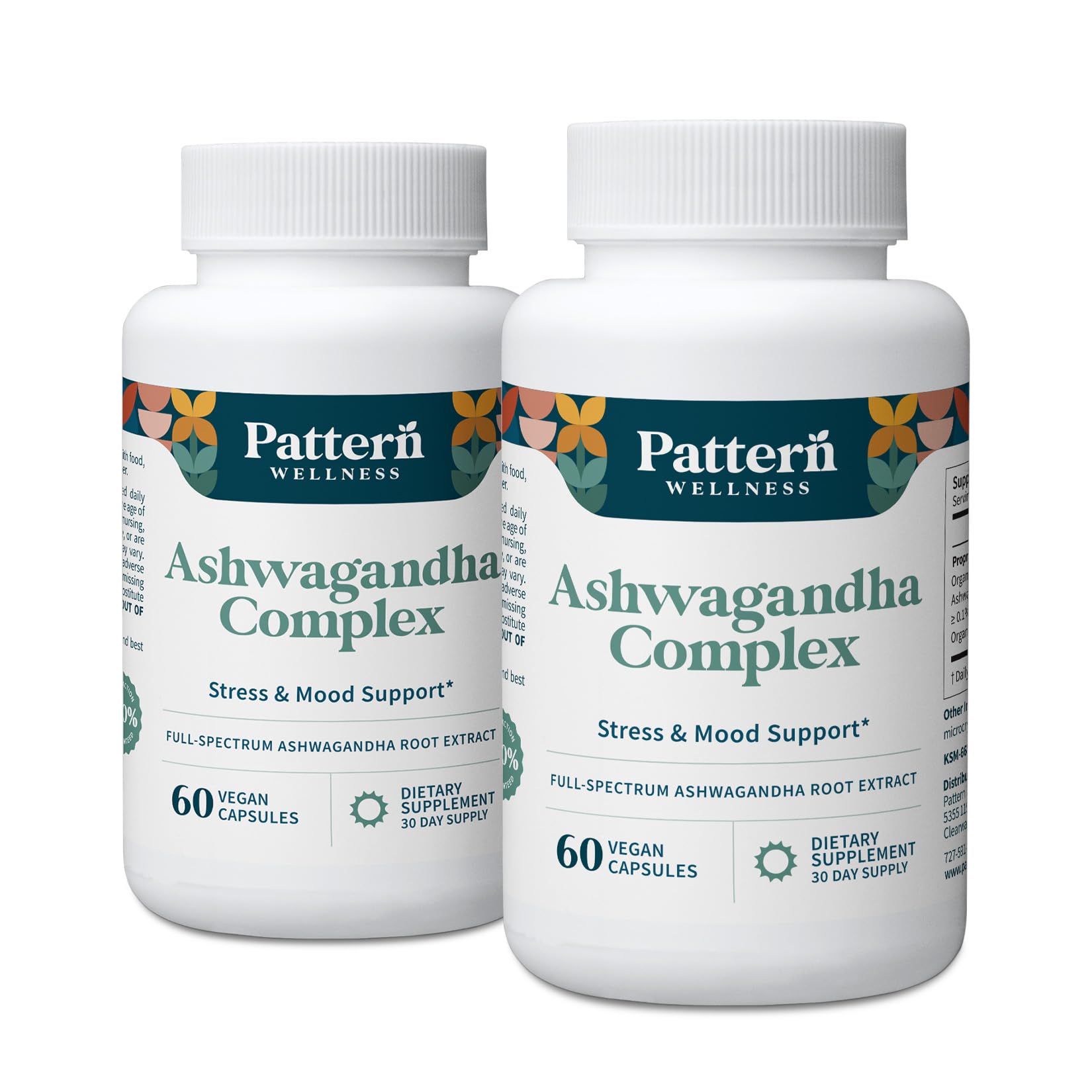 Pattern Wellness Ashwagandha Complex bottle front for steady energy and stress support.
