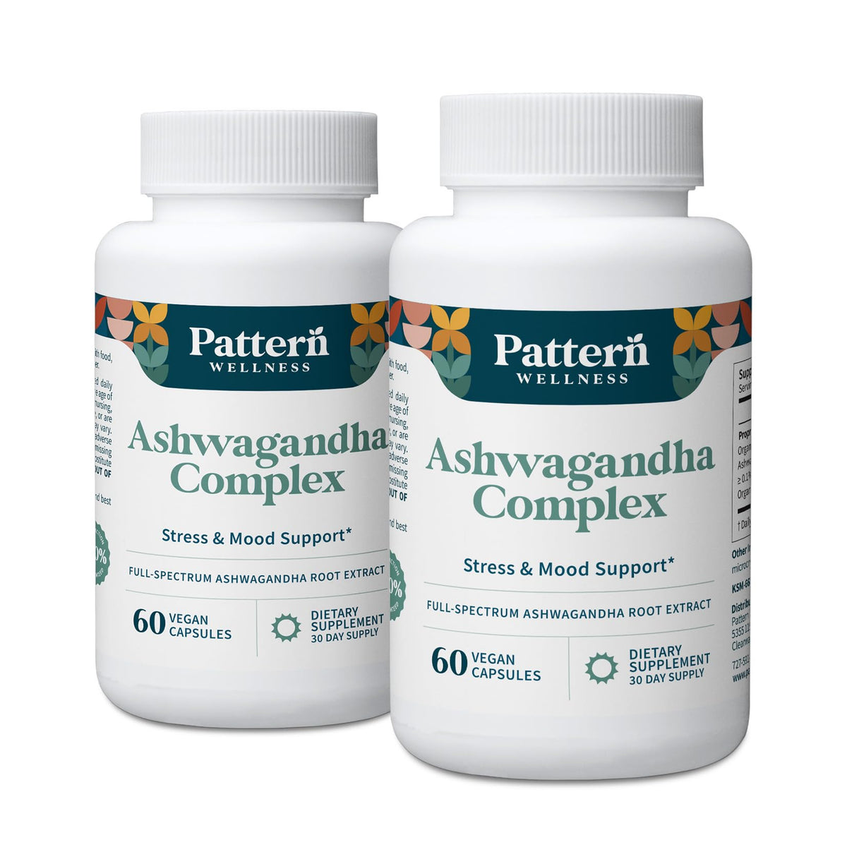 Pattern Wellness Ashwagandha Complex bottle front for steady energy and stress support.
