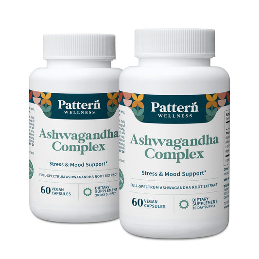 Pattern Wellness Ashwagandha Complex bottle front for steady energy and stress support.