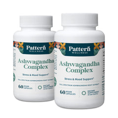 Pattern Wellness Ashwagandha Complex bottle front for steady energy and stress support.