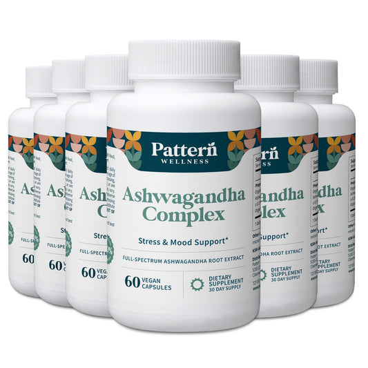 Pattern Wellness Ashwagandha Complex bottle on shelf promoting daily calm