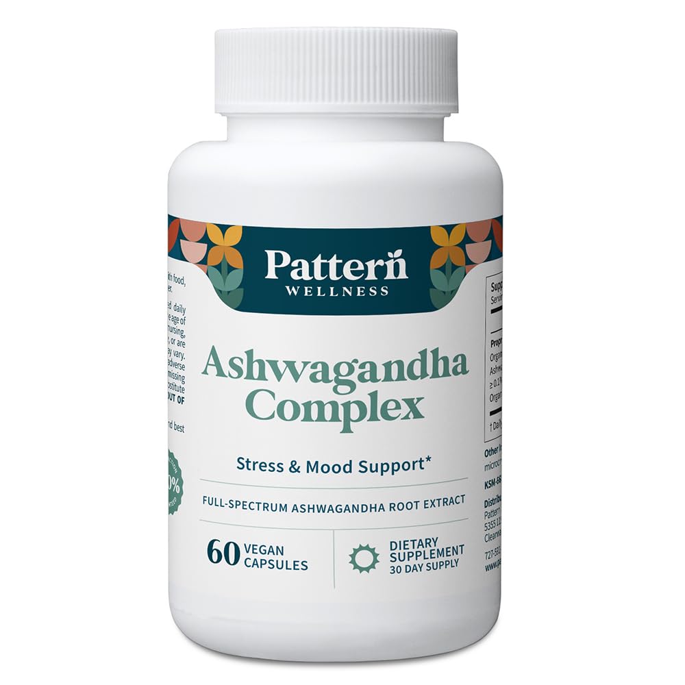 Pattern Wellness Ashwagandha Complex bottle promotes calm energy balance on display.